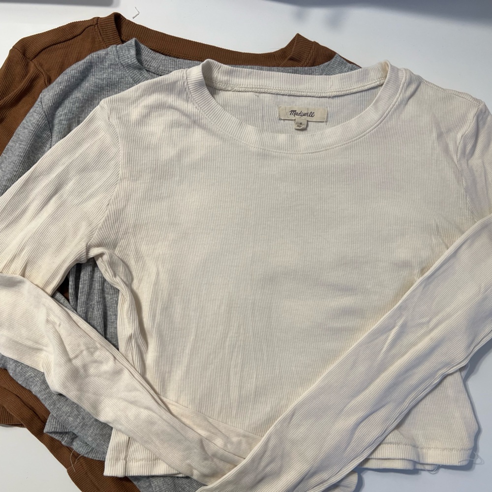 Set of THREE Madewell Fine Ribbed Supercrop Crewneck Long-Sleeve Tees